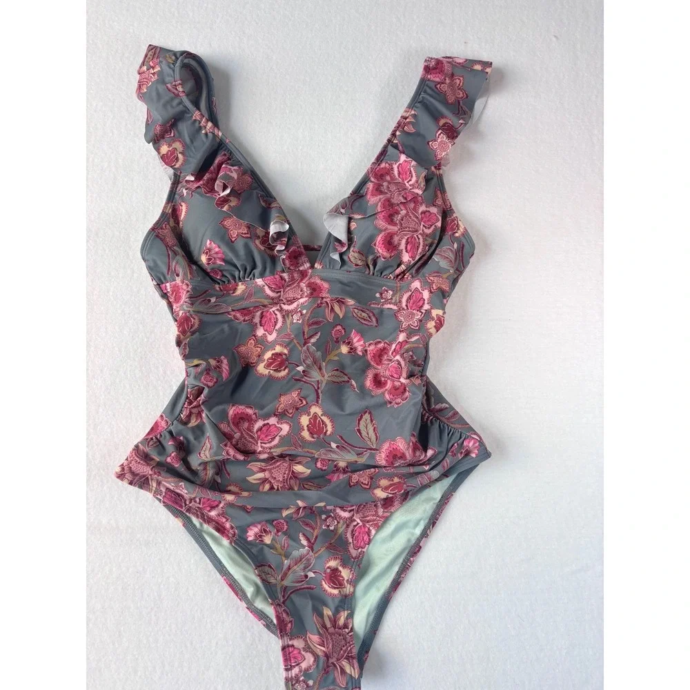 Floral‎ Ruffle V-Neck One Piece Swimsuit Gray Pink Lace Up Back Size Medium NWOT